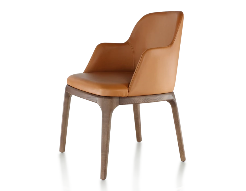Chaise design avec accoudoirs bois teinte marron foncé et cuir caramel