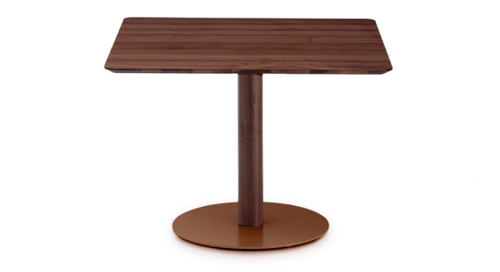 Mesa bistró aletas de roble natural, pata de metal amarillo flúor y tablero fenix malva pálido