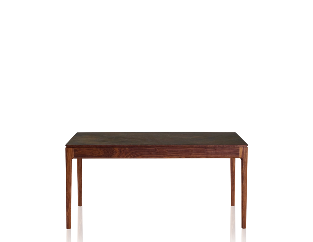 Table extensible 6 à 12 personnes en noyer et céramique allonges bois avec bois teinte naturelle et plateau céramique brun oxydé 140x100 cm Table extensible 6 à 12 personnes en noyer et céramique allonges bois avec bois teinte naturelle et plateau céramique brun oxydé 140x100 cm