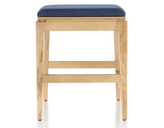 Tabouret design H45 cm bois teinte naturelle assise tissu bleu marine