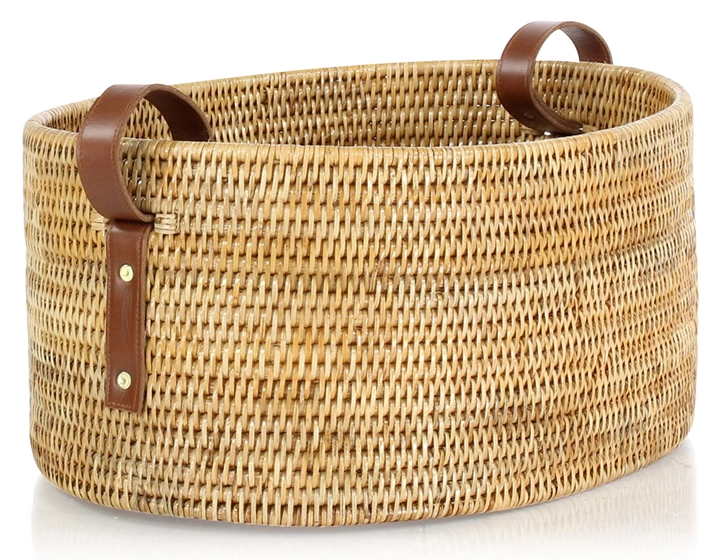 Cesta de almacenaje de ratán natural, asas de piel