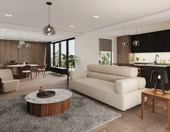 Round coffee table in walnut and ceramic with natural tint wood white marble effect ceramic top 80 cm