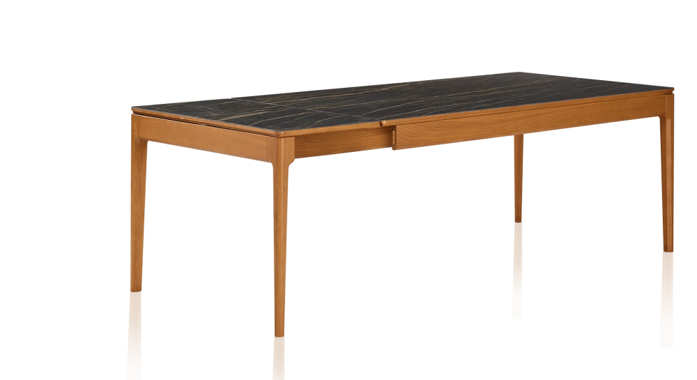 Table extensible 8 à 12 personnes en chêne et céramique allonges céramique avec bois teinte merisier et plateau et allonges céramique effet marbre noir 160x100 cm