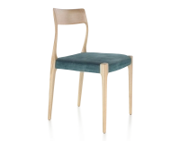 Scandinavian chair natural stained wood, petrol blue velvet seat Scandinavian chair natural stained wood, petrol blue velvet seat