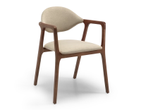 Designer armchair dark brown stained wood and taupe fabric. Designer armchair dark brown stained wood and taupe fabric.