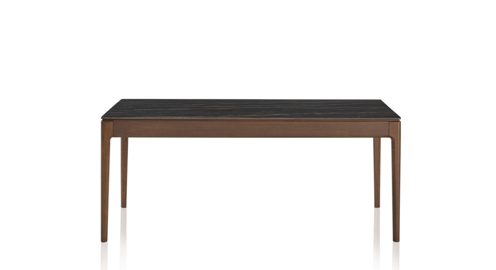 Table extensible 8 à 12 personnes en chêne et céramique allonges céramique avec bois teinte marron foncé et plateau et allonges céramique effet marbre noir 160x100 cm