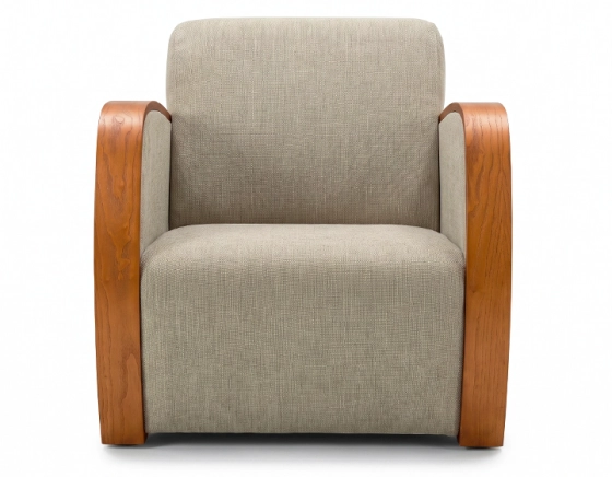 Fauteuil design bois teinte merisier et tissu vert bambou