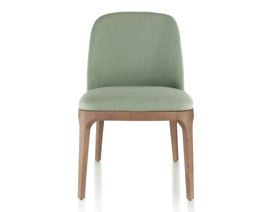 Chaise design bois teinte noyer et tissu vert sauge