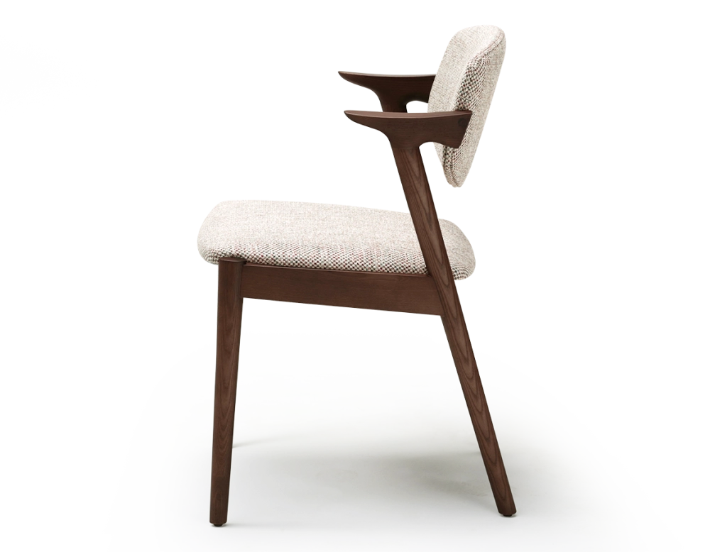 Scandinavian chair dark brown stained wood with fusion fabric seat. Scandinavian chair dark brown stained wood with fusion fabric seat.