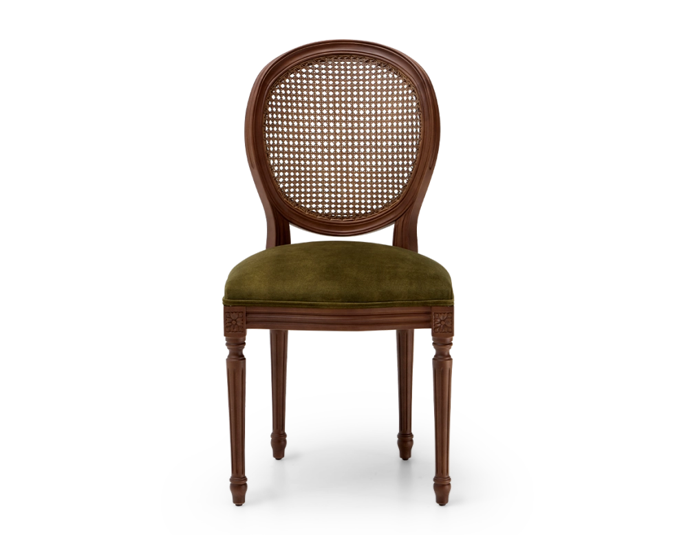 Chaise ancienne style Louis XVI bois teinte marron foncée dossier canné assise tissu velours vert olive Chaise ancienne style Louis XVI bois teinte marron foncée dossier canné assise tissu velours vert olive