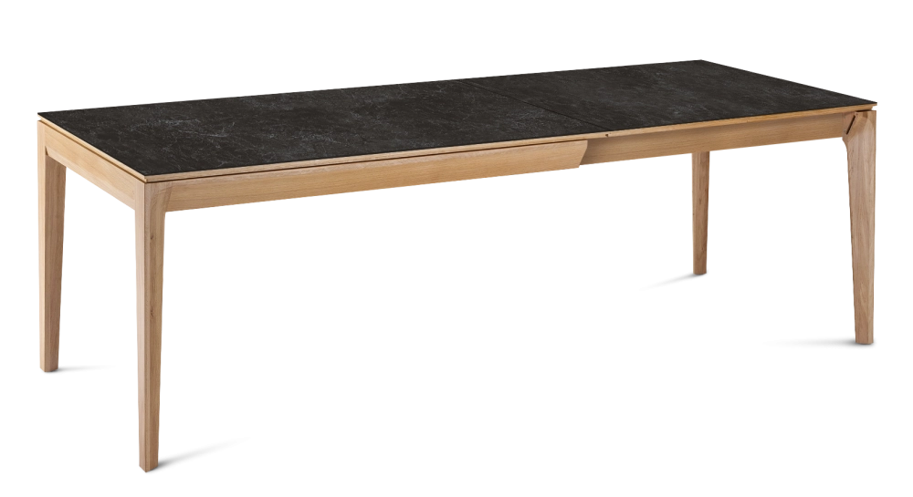 Table extensible en chêne et céramique 6 à 10 personnes allonges céramique avec bois teinte naturelle et plateau et allonges céramique effet ardoise 140x90 cm