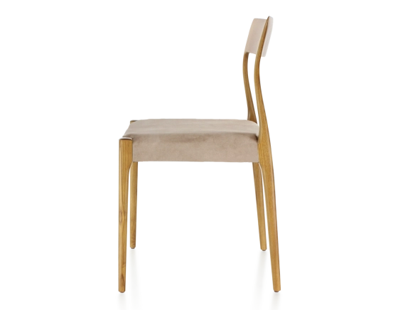 Scandinavian chair cherry-stained wood, light taupe velvet seat