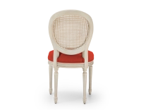 Louis XVI style antique chair wood with white cerused finish, caned backrest, and burnt orange fabric seat. Louis XVI style antique chair wood with white cerused finish, caned backrest, and burnt orange fabric seat.
