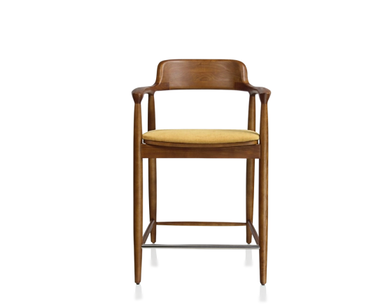 Tabouret de bar h60 cm bois teinte merisier assise tissu jaune