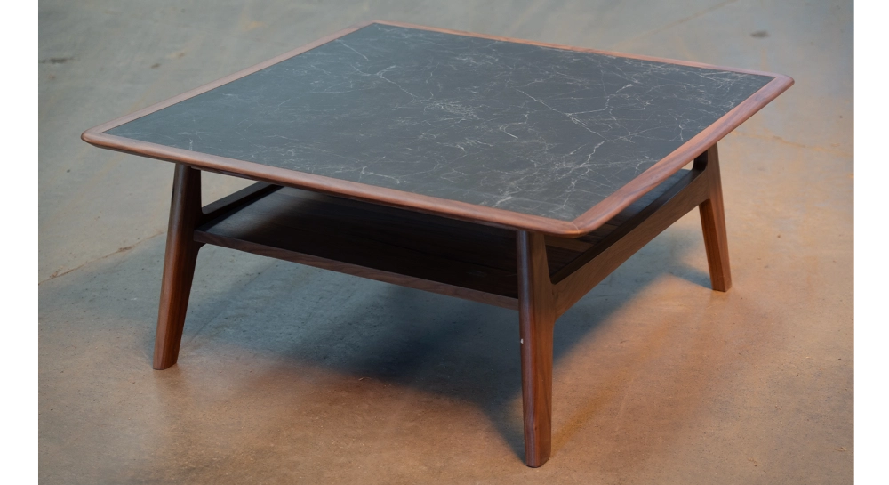 Square walnut and ceramic coffee table natural wood finish with slate effect ceramic top 100x100 cm Square walnut and ceramic coffee table natural wood finish with slate effect ceramic top 100x100 cm