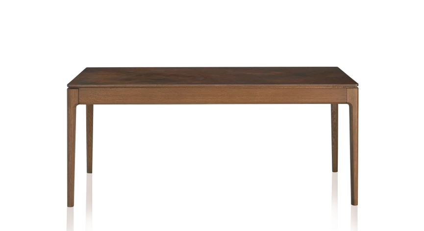 Table salle à manger en chêne et céramique avec bois teinte noyer et plateau céramique brun oxydé 180x100 cm