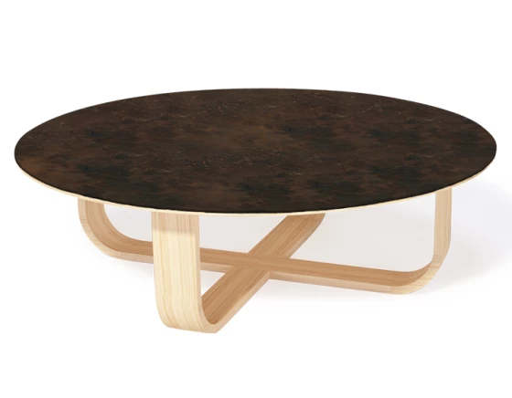 Table basse ronde en chêne et céramique avec bois teinte naturelle plateau céramique brun oxydé 100 cm