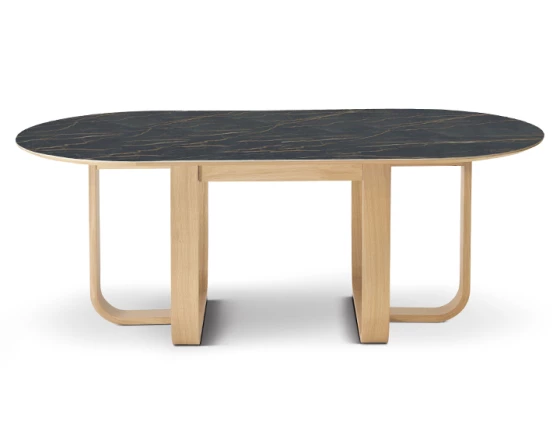 Table salle à manger en chêne naturel et céramique effet marbre noir 210x100 cm