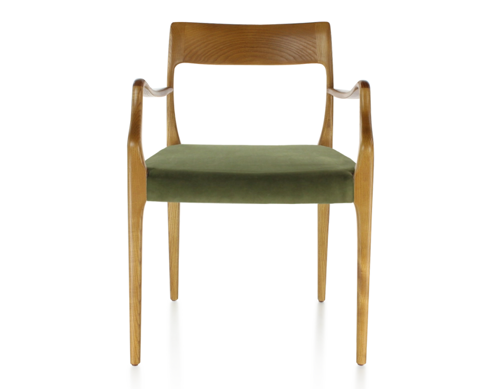 Scandinavian armchair with armrests cherry-stained wood, olive green fabric seat Scandinavian armchair with armrests cherry-stained wood, olive green fabric seat