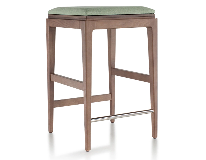 Tabouret de bar design H60 cm bois teinte noyer assise tissu vert sauge Tabouret de bar design H60 cm bois teinte noyer assise tissu vert sauge