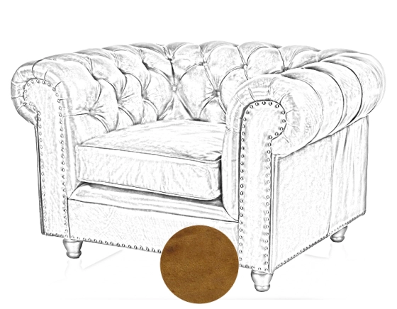 Fauteuil Chesterfield cuir cognac accoudoirs cloutés