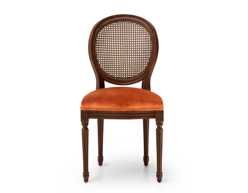 Louis XVI style antique chair dark brown stained wood with cane backrest and terracotta velvet seat. Louis XVI style antique chair dark brown stained wood with cane backrest and terracotta velvet seat.