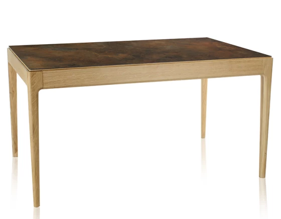 Table salle à manger en chêne et céramique avec bois teinte naturelle et plateau céramique brun oxydé 140x100 cm