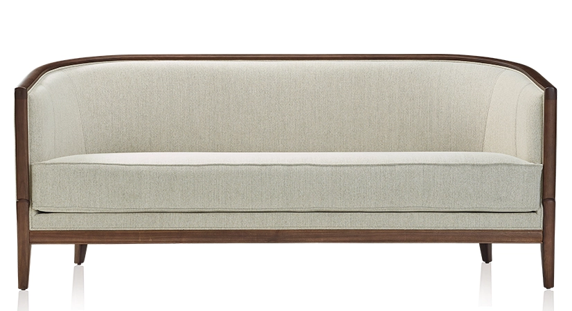 Canapé ancien 3 places bois teinte noyer et tissu beige naturel Canapé ancien 3 places bois teinte noyer et tissu beige naturel
