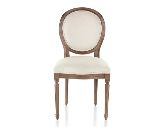 Antique Louis XVI style chair dark brown stained wood and beige chevron fabric