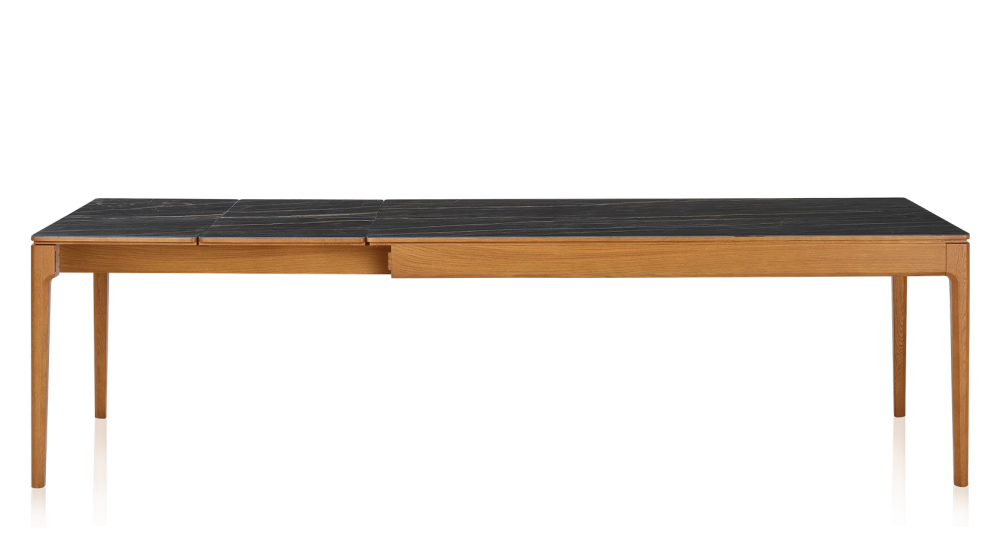 Table extensible 8 à 14 personnes en chêne et céramique allonges céramique avec bois teinte merisier et plateau et allonges céramique effet marbre noir 210x100 cm