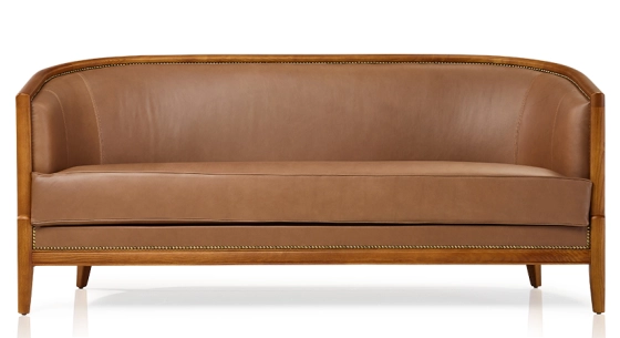 Antique 3 seater sofa cherry-stained wood and hazelnut leather