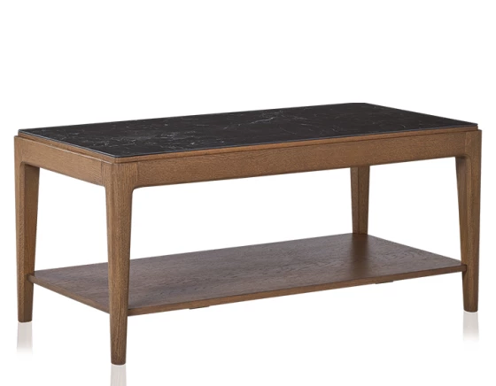 Table basse rectangulaire en chêne et céramique avec tablette en bois teinte noyer plateau céramique effet ardoise 100x50 cm