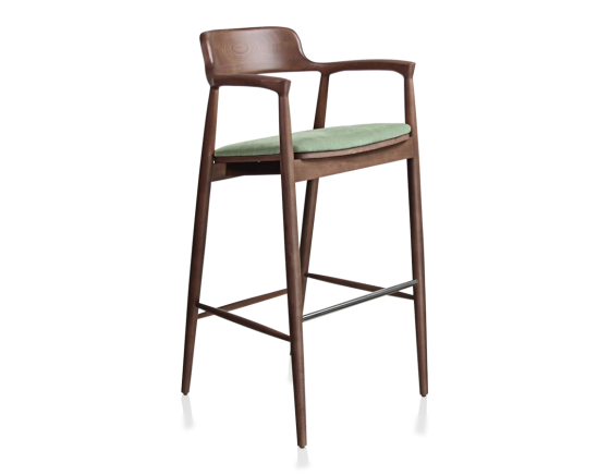 Bar stool h80 cm walnut-stained wood, green fabric seat