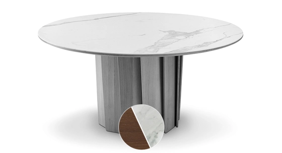 Round dining table for 6 people in oak and ceramic with dark brown stained wood and white marble effect ceramic top 140 cm