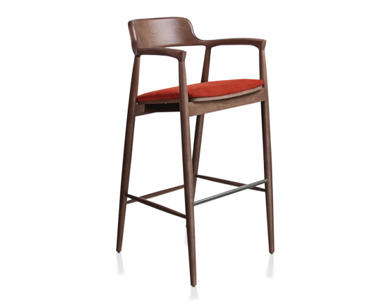 Tabouret de bar h80 cm bois teinte noyer assise tissu orange brulé