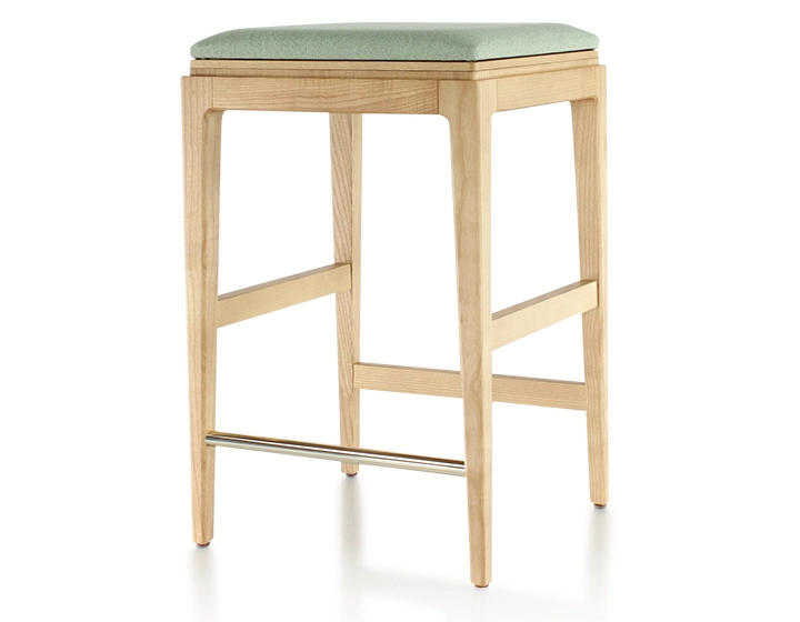 H60 cm designer bar stool natural tint wood, sage green leather seat H60 cm designer bar stool natural tint wood, sage green leather seat