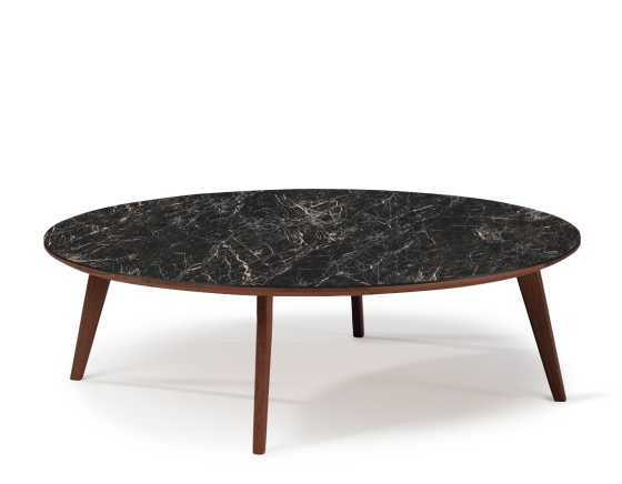 Round coffee table F1 in oak and ceramic dark brown stained wood coffee table with black marble-effect ceramic top. 90x90x30 cm