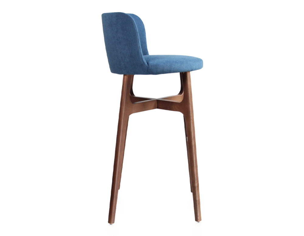 Tabouret de bar h80 cm bois teinte noyer assise tissu bleu jeans Tabouret de bar h80 cm bois teinte noyer assise tissu bleu jeans