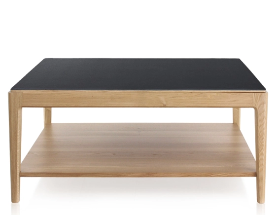 Square coffee table in oak and ceramic with shelf in natural stained wood, plain black ceramic top 100x100 cm
