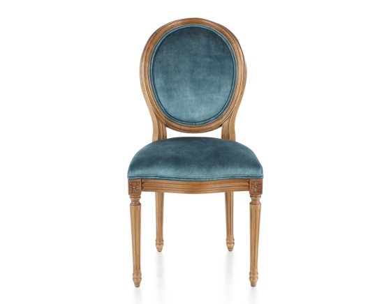 Chaise ancienne style Louis XVI bois teinte ancienne et tissu velours bleu pétrole