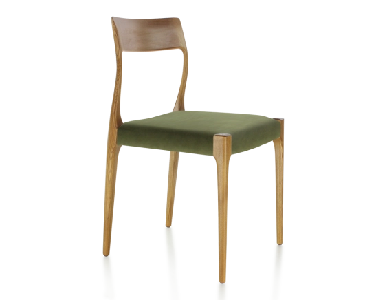 Chaise scandinave bois teinte merisier assise tissu vert olive