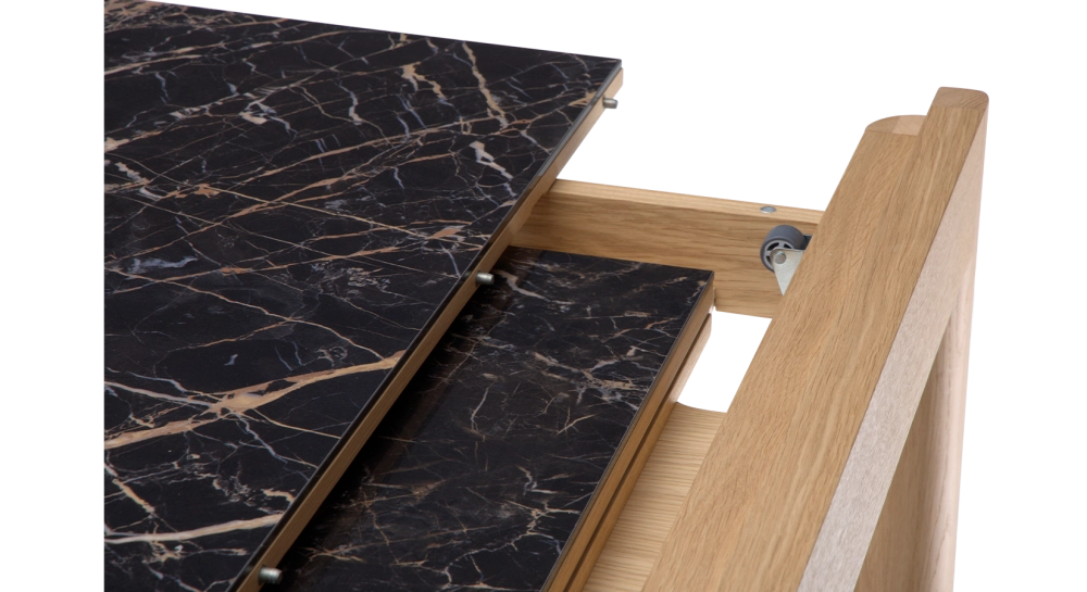 Extending table for 8 to 12 people in oak and ceramic with ceramic extensions natural wood finish and black marble-effect ceramic m2 180x100 cm Extending table for 8 to 12 people in oak and ceramic with ceramic extensions natural wood finish and black marble-effect ceramic m2 180x100 cm