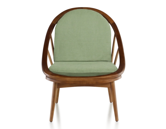 Scandinavian armchair cherry wood stain and green fabric