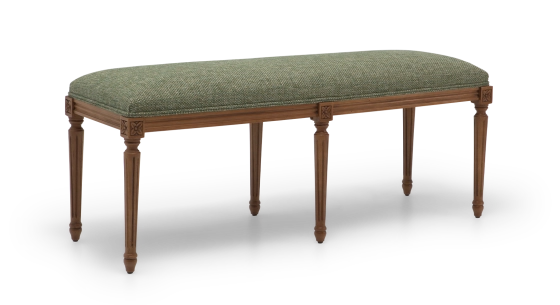 Louis XVI style antique bench wood antique stain and green mottled fabric.