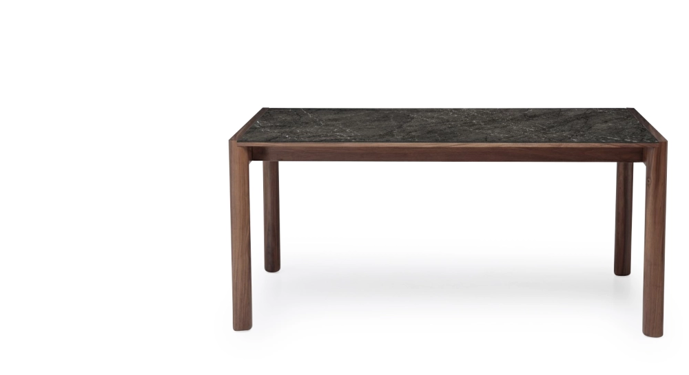 Table extensible 8 à 14 personnes en noyer et céramique allonges céramique bois teinte naturelle et céramique effet ardoise 210x100 cm