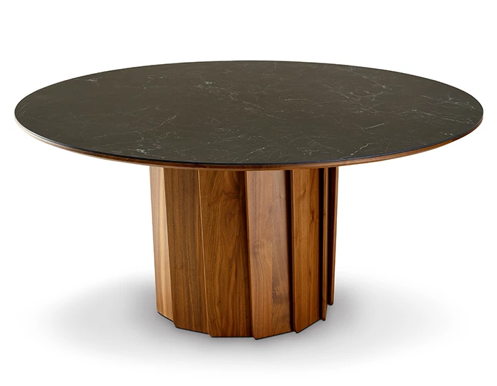 Table salle à manger ronde en noyer et céramique teinte naturelle plateau effet ardoise 120 cm