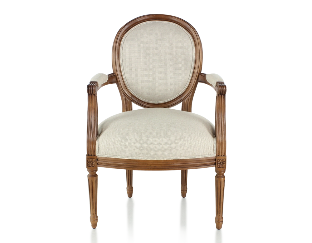 Fauteuil ancien style Louis XVI bois teinte ancienne et tissu chevron beige Fauteuil ancien style Louis XVI bois teinte ancienne et tissu chevron beige