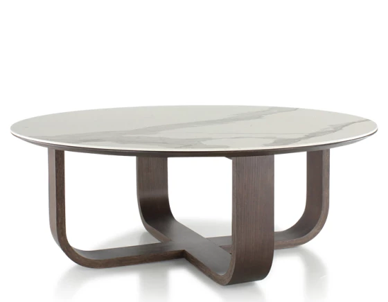 Table basse ronde en chêne et céramique avec bois teinte marron foncé plateau céramique effet marbre blanc 100 cm