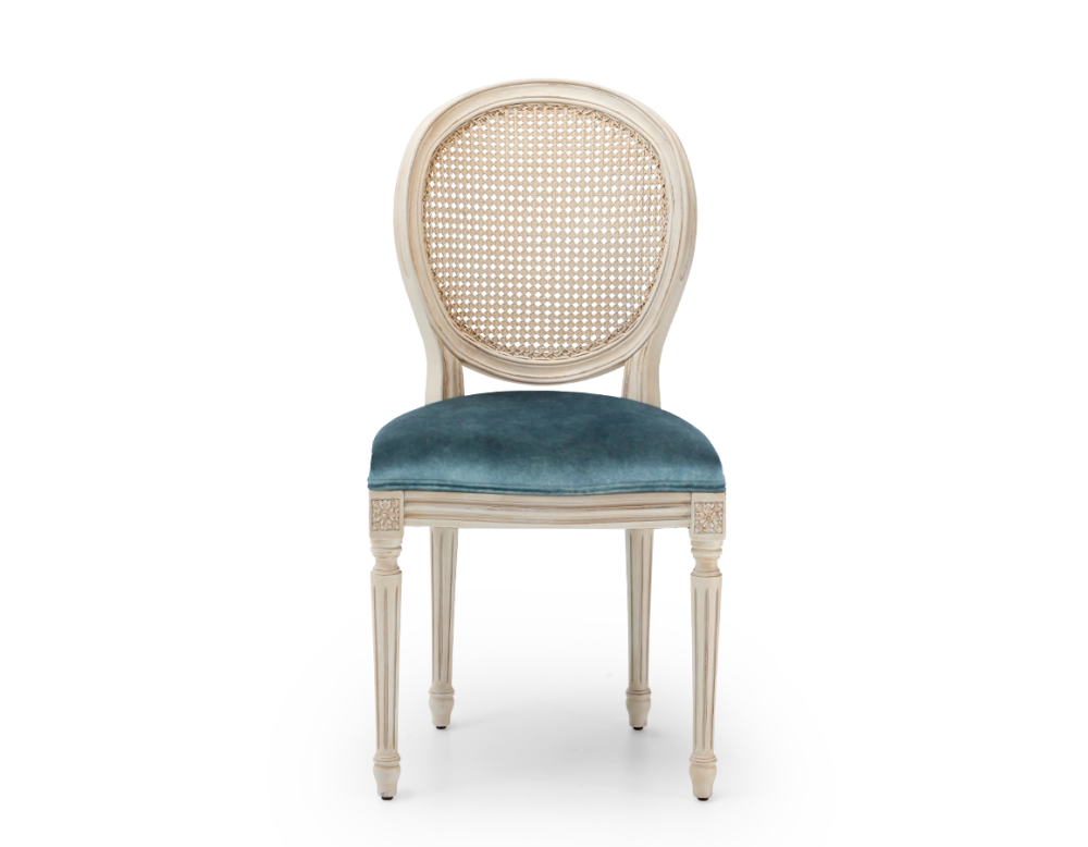 Louis XVI style antique chair white cerused wood with cane backrest and petrol blue velvet seat. Louis XVI style antique chair white cerused wood with cane backrest and petrol blue velvet seat.