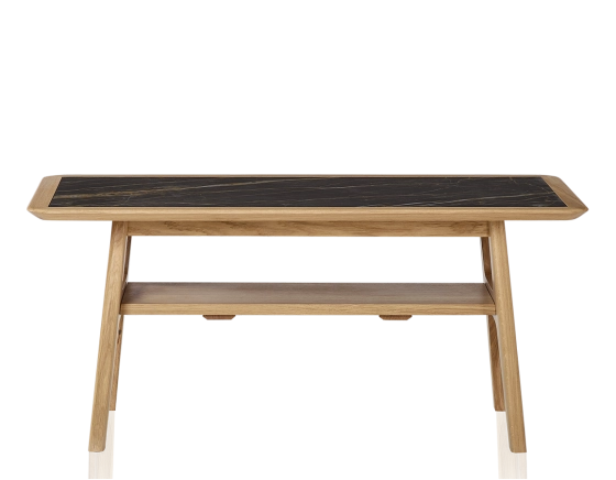 Table basse rectangulaire en chêne et céramique avec bois teinte naturelle plateau céramique effet marbre noir 100x50 cm